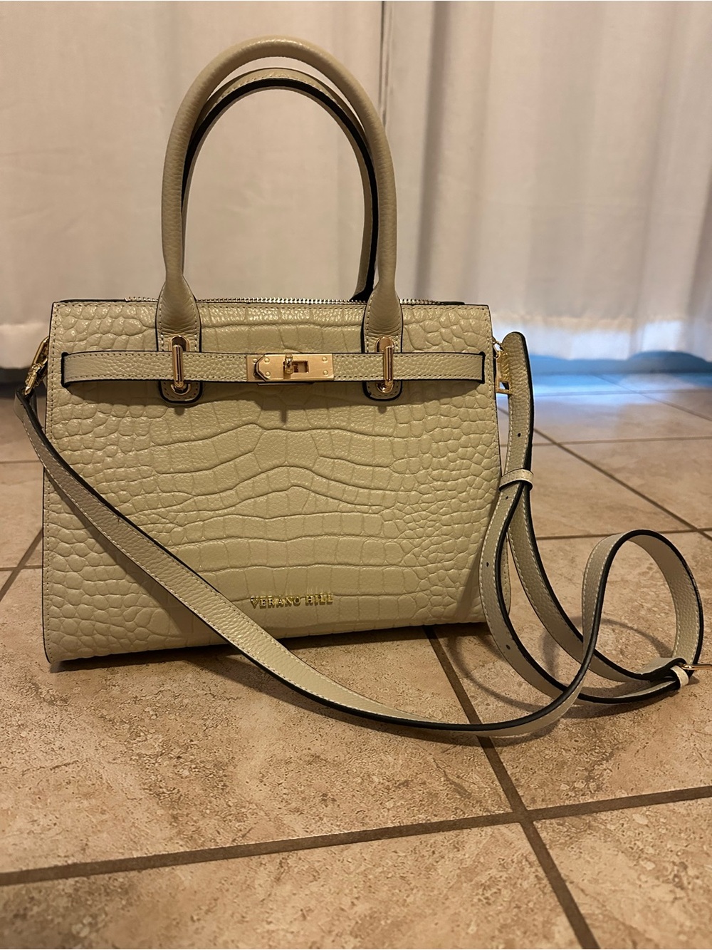 Verano Hill Cream Croc-Embossed Satchel with Detachable Strap
